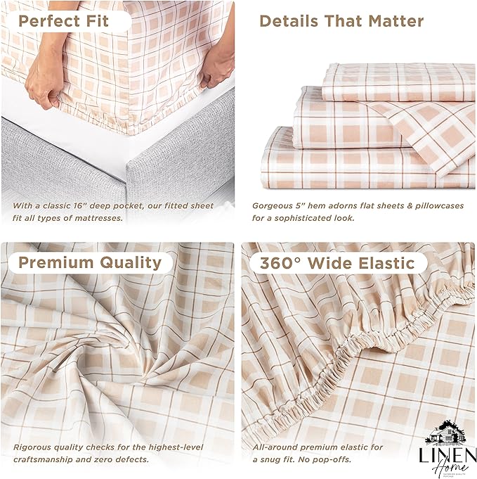 Linen Home Cotton Lyocell Blend Percale Printed Sheet Set, Pre-Washed & Shrunk, Cooling Bed Sheets, King Size, 4 Pieces - 1 Flat, 1 Deep Pocket Fitted Sheet, 2 Pillowcases, Checks Yellow - LeafyLoom