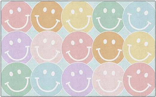 Flagship Carpets Schoolgirl Style Pastel Rainbow Smileys Educational Area Rug for Kids Room Seating Décor, Children's Classroom, Play Carpet for Teaching and Playroom, 7'6" x 12', Multi - LeafyLoom