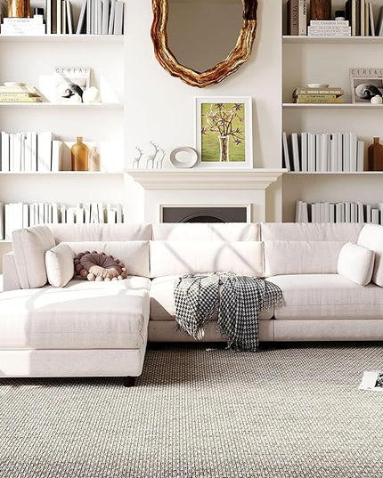 110.6" Modern 2 Pieces L Shaped Sofa with Removable Ottomans and Comfortable Waist Pillows, 4 Seat Large Upholstery Sectional Couch for Living Room, Office, Home, Apartment, Beige, 110.6 Inch - LeafyLoom