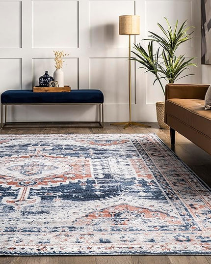 nuLOOM Evette Traditional Medallion Machine Washable Ultra Thin Area Rug, 5' x 8', Navy - LeafyLoom