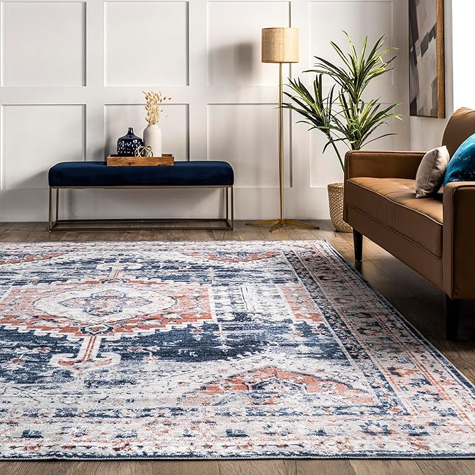 nuLOOM Evette Traditional Medallion Machine Washable Ultra Thin Area Rug, 5' x 8', Navy - LeafyLoom