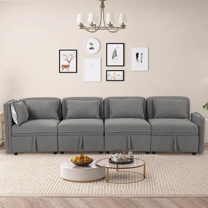 123" Modular Sectional Sofa, Convertible Minimalist 4-seat Couch with 5 Pillows for Living Room,Apartment, Free Combination, 122.8inch, Gray - LeafyLoom