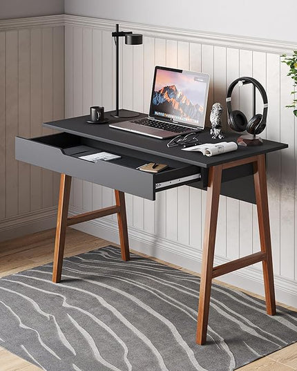 PARMA 42 Inch Modern Desk - Home & Office Small Computer Desk with Wide Drawer - Wooden Study Writing Minimalist Desk with Storage for Small Space, Bedroom & Workstations - Student Desk/Table (Black) - LeafyLoom