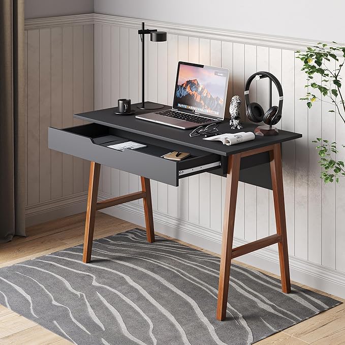 PARMA 42 Inch Modern Desk - Home & Office Small Computer Desk with Wide Drawer - Wooden Study Writing Minimalist Desk with Storage for Small Space, Bedroom & Workstations - Student Desk/Table (Black) - LeafyLoom