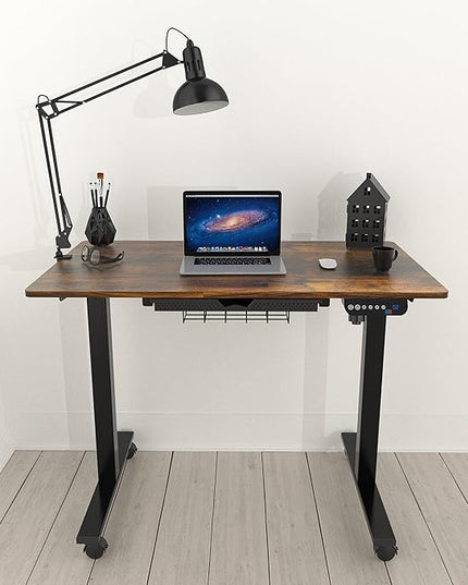 SHW Small Electric Height Adjustable Mobile Sit Stand Desk with Drawer, Hanging Hooks and Cable Management, 40 x 24 Inches, Rustic Brown - LeafyLoom