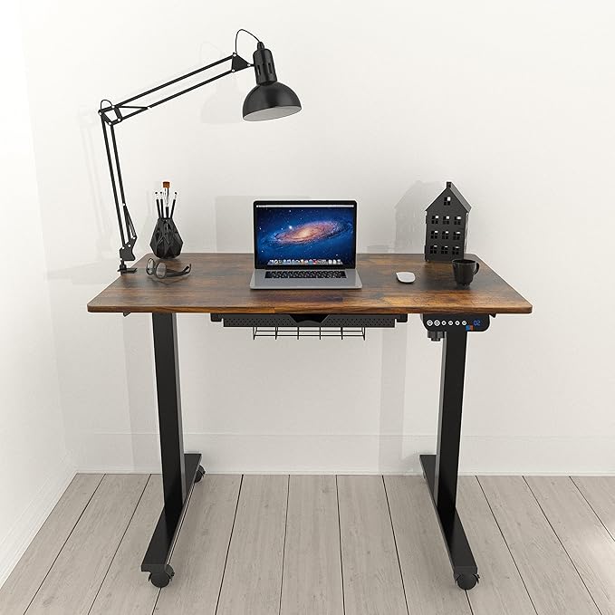 SHW Small Electric Height Adjustable Mobile Sit Stand Desk with Drawer, Hanging Hooks and Cable Management, 40 x 24 Inches, Rustic Brown - LeafyLoom