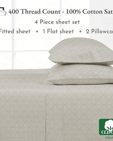 California Design Den 100% Cotton King Bed Sheet Set, 400 Thread Count, 4 Pc Deep Pocket King Size Sheets & Pillowcase Set (Taupish-Sage Crosshatch) - LeafyLoom
