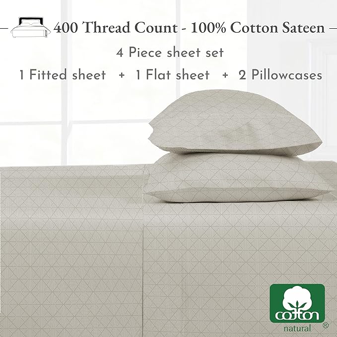 California Design Den Cal King Sheets Set, 400 Thread Count, 100% Cotton, California King Size, 4 Pc Deep Pocket King Size Sheets & Pillowcase Set (Taupish-Sage Crosshatch) - LeafyLoom