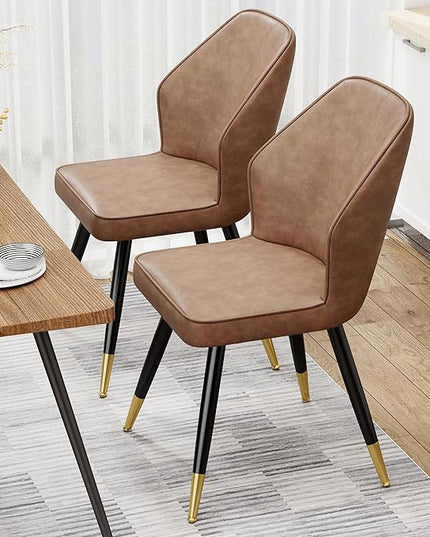 Brown Faux Leather Dining Chairs Set of 2, Mid Century Modern Kitchen Dining Room Chairs Upholstered Armless Accent Side Chairs with Metal Legs - LeafyLoom