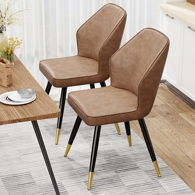 Brown Faux Leather Dining Chairs Set of 2, Mid Century Modern Kitchen Dining Room Chairs Upholstered Armless Accent Side Chairs with Metal Legs - LeafyLoom