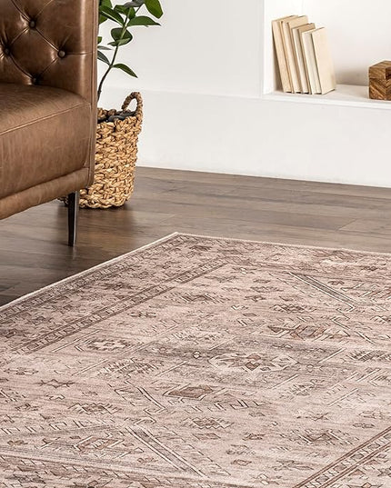 nuLOOM Amie Persian Border Machine Washable Ultra Thin Area Rug, 4' x 6', Light Brown - LeafyLoom