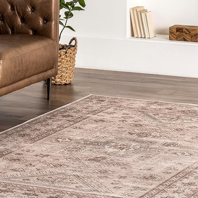 nuLOOM Amie Persian Border Machine Washable Ultra Thin Area Rug, 4' x 6', Light Brown - LeafyLoom