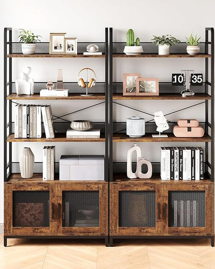 GAOMON Industrial Bookshelf with Doors 70.87" Tall Bookcase with 4 Tiers Open Storage Shelf Rustic Bookshelves Display Rack Cabinet Farmhouse Bookshelf for Bedroom, Living Room, Home Office, Brown - LeafyLoom