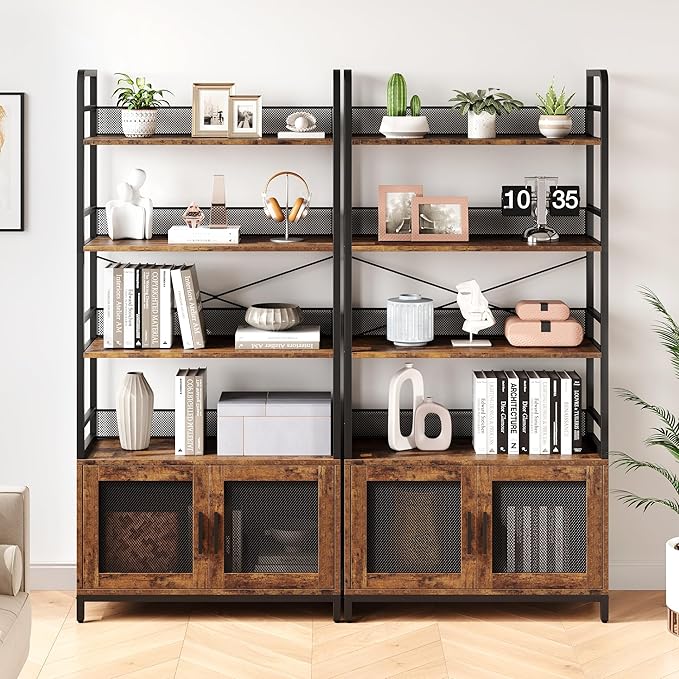 GAOMON Industrial Bookshelf with Doors 70.87" Tall Bookcase with 4 Tiers Open Storage Shelf Rustic Bookshelves Display Rack Cabinet Farmhouse Bookshelf for Bedroom, Living Room, Home Office, Brown - LeafyLoom