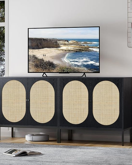 Brafab Set of 2 Rattan Cabinet Buffet Cabinet, Sideboard Cabinet with Natural Rattan Decorated Doors, Accent Cabinet, for Living Room, Entryway, Bedroom, Dining Room/Oval Doors, Black - LeafyLoom
