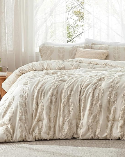 Bedsure King Size Comforter Set Beige, Boho Tufted Bedding Comforter Set, Farmhouse Jacquard Cable Knit Pattern Bed Set, 3 Pieces, 1 Shabby Chic Fluffy Comforter & 2 Pillow Shams - LeafyLoom