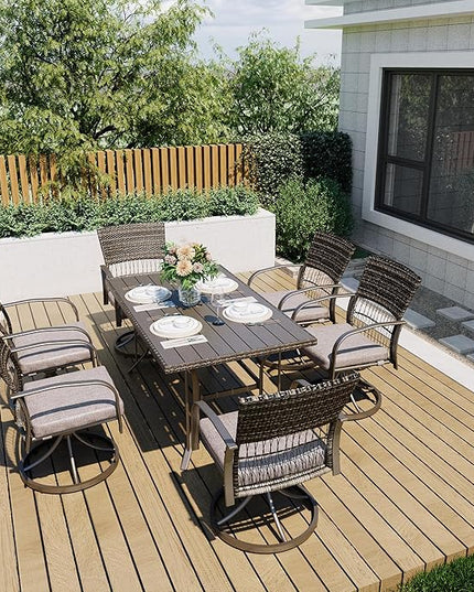 Pamapic 7 Piece Outdoor Dining Set, Rattan Outdoor Patio Furniture Set for Deck Backyard Garden with Iron Outdoor Dining Table, 6 Swivel Outdoor Dining Chairs and Removable Cushions (Gray) - LeafyLoom