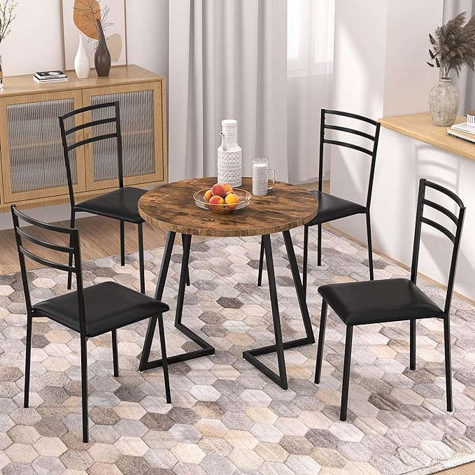 VECELO Round Dining Table with Steel Frame for 2-4 People, Space Saving for Home, Kitchen, Apartment, Antique Brown - LeafyLoom