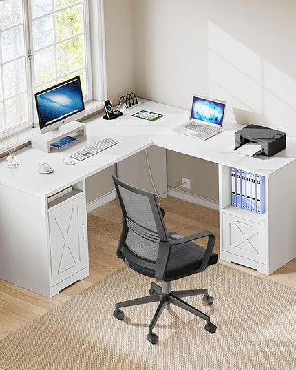 YITAHOME L Shaped Desk with Power Outlets, 60 Inch Computer Desk Corner Desk with File Drawer, Home Office Desk with Monitor Stand & Storage Shelves, L-Shaped Desk with File Cabinet, White - LeafyLoom