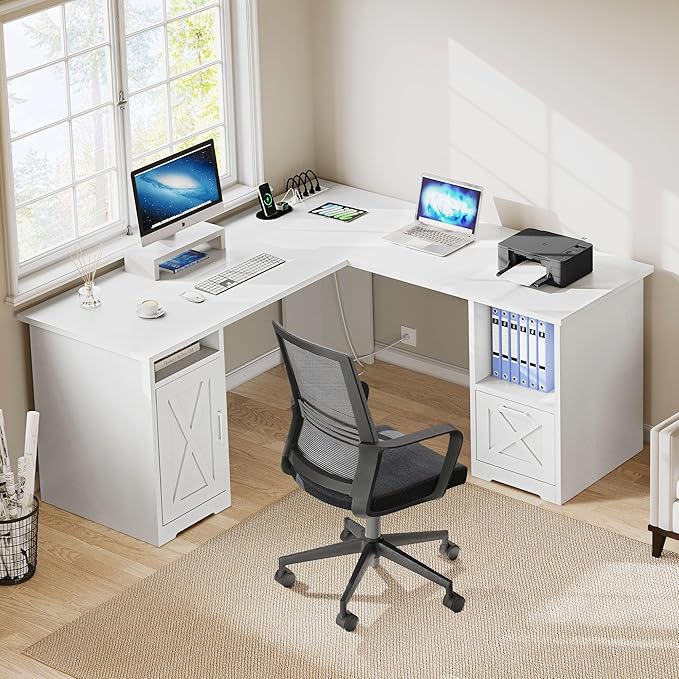 YITAHOME L Shaped Desk with Power Outlets, 60 Inch Computer Desk Corner Desk with File Drawer, Home Office Desk with Monitor Stand & Storage Shelves, L-Shaped Desk with File Cabinet, White - LeafyLoom