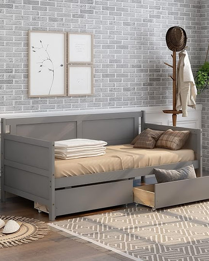 Twin Daybed with 2 Storage Drawers,Pinewood Twin Size Daybed Frame with Solid Guardrail,Dual-Use Sofa Daybed for Boys/Girls/Teens Bedroom, Easy to Assemble, No Box Spring Needed,Grey - LeafyLoom