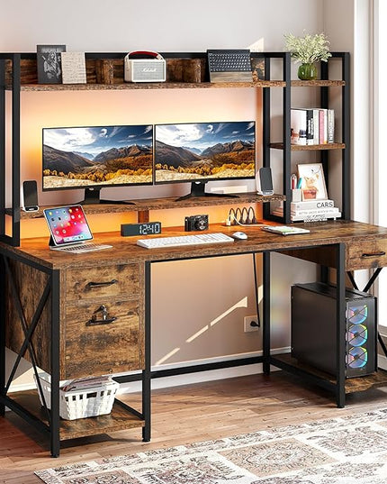 DWVO Computer Desk with Drawers & Hutch, 59.1" Office Desk with Power Outlets & LED Lights, Home Office Desk with Storage Shelves, Rustic Brown - LeafyLoom