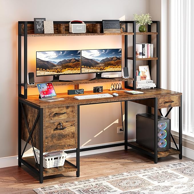 DWVO Computer Desk with Drawers & Hutch, 59.1" Office Desk with Power Outlets & LED Lights, Home Office Desk with Storage Shelves, Rustic Brown - LeafyLoom