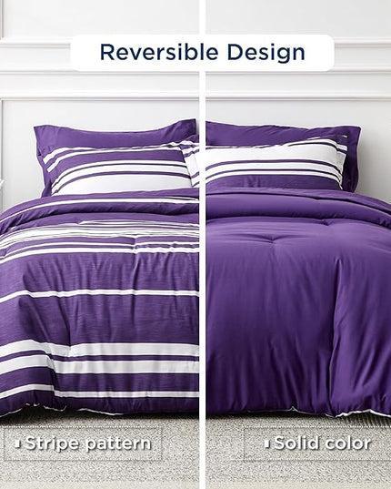 Bedsure Bed in a Bag King Size 7-Piece Purple White Striped Bedding Comforter Sets All Season Bed Set, 2 Pillow Shams, Flat Sheet, Fitted Sheet and 2 Pillowcases - LeafyLoom