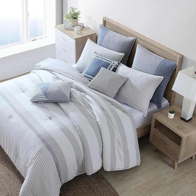 Nautica - Queen Comforter Set, Cotton Reversible Bedding with Matching Shams, Mediterranean Inspired Home Decor for All Seasons (Fairwater Grey, Queen) - LeafyLoom