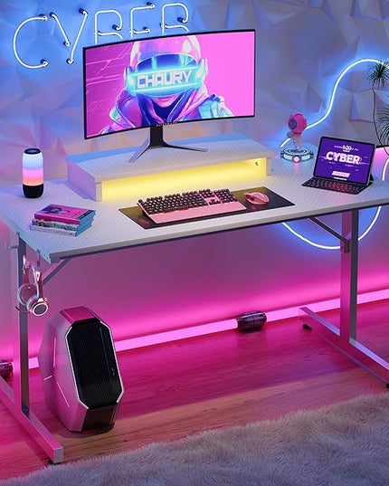 Bestier Small Gaming Desk with Monitor Stand, 42 inch LED Computer Desk, Gamer Workstation with Cup Holder & Headset Hooks, Modern Simple Style Desk for Home Office, Carbon Fiber White - LeafyLoom