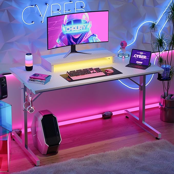 Bestier Small Gaming Desk with Monitor Stand, 42 inch LED Computer Desk, Gamer Workstation with Cup Holder & Headset Hooks, Modern Simple Style Desk for Home Office, Carbon Fiber White - LeafyLoom