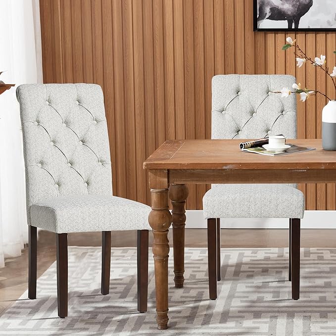 COLAMY Button Tufted Dining Chairs Set of 2, Parsons Upholstered Fabric Dining Room Chairs Kitchen Chairs with Wood Legs and Padded Seat, Ripple - LeafyLoom