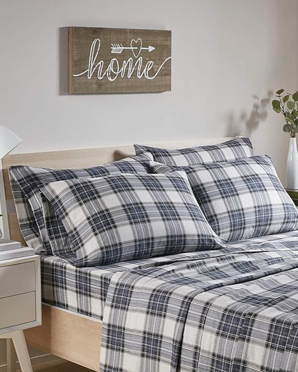 Comfort Spaces Cotton Flannel Breathable Warm Deep Pocket Sheets with Pillow Case Bedding, Cal King, Scottish Plaid Blue, 4 Piece - LeafyLoom