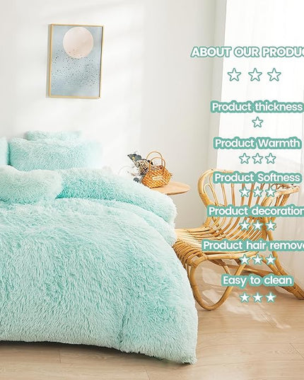 FOPPA Green fluffy Comforter Cover Set king- Ultra Soft fluffy green Bedding Sets 3 Pieces (1 Duvet Cover + 2 Pillow case) green fluffy bed set (Mint Green, King) - LeafyLoom