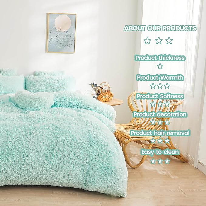 Fluffy mint green comforters Cover twin size - Ultra Soft Plush bedding Sets 2 Pieces (1 faux fur comforter Cover + 1 fuzzy pillow case) girls shaggy green twin bed set (Mint Green, Twin) - LeafyLoom