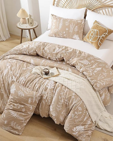 JANZAA Twin Comforter Taupe Comforter Set Floral Comforter Set Bedding Set White Flower Printed Lightweight Comforter with 1 Pillow Case for All Season Using - LeafyLoom
