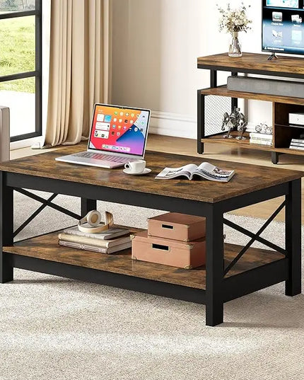 YITAHOME Coffee Table for Living Room,Modern Farmhouse Coffee Table with Storage,2-Tier Center Table for Living Room Wood Living Room Table Accent Cocktail with Sturdy Frame,Rustic Brown - LeafyLoom