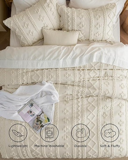 Bedsure Tufted Boho Comforter Set Full - Grayish Blue Boho Bedding Comforter Set, 3 Pieces Farmhouse Shabby Chic Embroidery Bed Set, Soft Jacquard Comforter for All Seasons - LeafyLoom