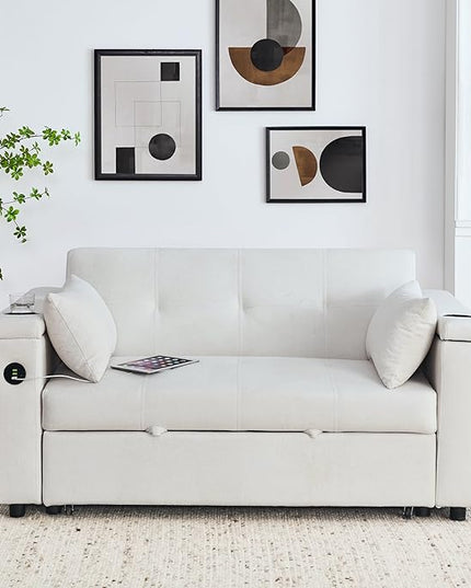 4 in 1 Multifunctional Convertible Loveseat Sleeper Sofa Bed,Soft Chenille Tufted Love Seats Sofabed W/Pull Out Sleep Couch,Armrests Storage,Cupholders,USB Ports,Pillows and Side Pockets - LeafyLoom