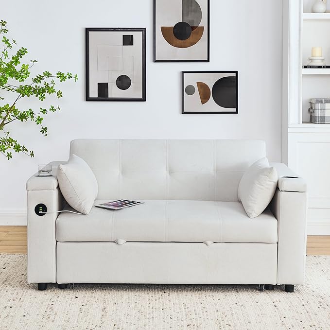 4 in 1 Multifunctional Convertible Loveseat Sleeper Sofa Bed,Soft Chenille Tufted Love Seats Sofabed W/Pull Out Sleep Couch,Armrests Storage,Cupholders,USB Ports,Pillows and Side Pockets - LeafyLoom