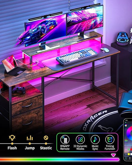 Yoobure Computer Desk, Office Desk with LED Lights & Power Outlets, Gaming Desk with Fabric File Cabinet, 55.1" Home Office Desks， Writing Desk with Drawers, Computer Table with Long Monitor Stand - LeafyLoom