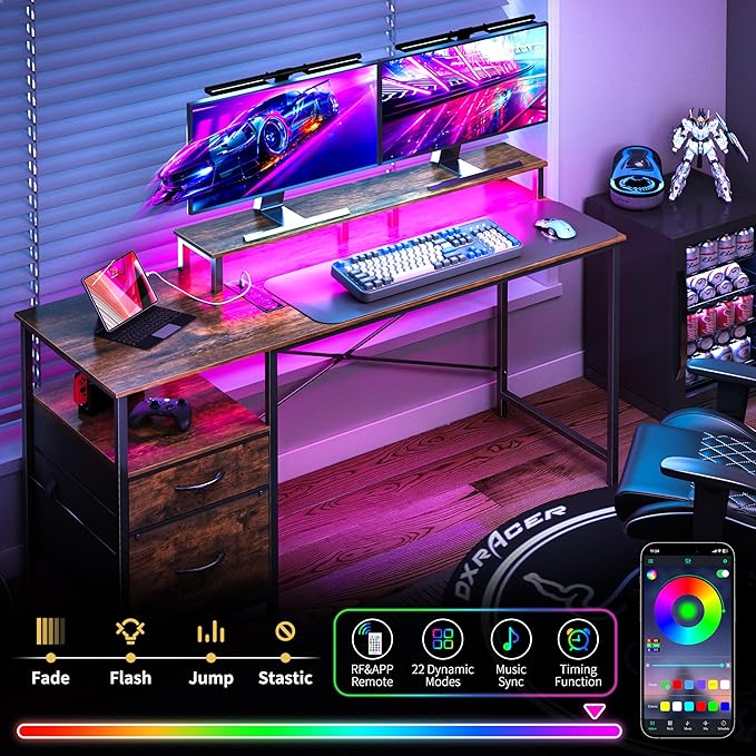 Yoobure Computer Desk, Office Desk with LED Lights & Power Outlets, Gaming Desk with Fabric File Cabinet, 55.1" Home Office Desks, Writing Desk with Drawers, Computer Table with Long Monitor Stand - LeafyLoom