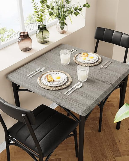 IDEALHOUSE Dining Table Set, Kitchen Table and Chairs for 2, Metal and Wood Square Dining Room Table Set with 2 Upholstered Chairs, 3 Piece Dining Table Set for Small Space, Apartment, Rustic Grey - LeafyLoom