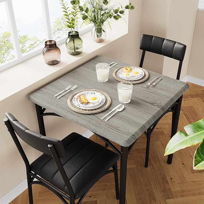 IDEALHOUSE Dining Table Set, Kitchen Table and Chairs for 2, Metal and Wood Square Dining Room Table Set with 2 Upholstered Chairs, 3 Piece Dining Table Set for Small Space, Apartment, Rustic Grey - LeafyLoom