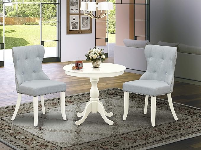 East West Furniture AMSI3-LWH-15 Antique 3 Piece Dining Set for Small Spaces Contains a Round Kitchen Table with Pedestal and 2 Baby Blue Linen Fabric Parsons Chairs, 36x36 Inch - LeafyLoom