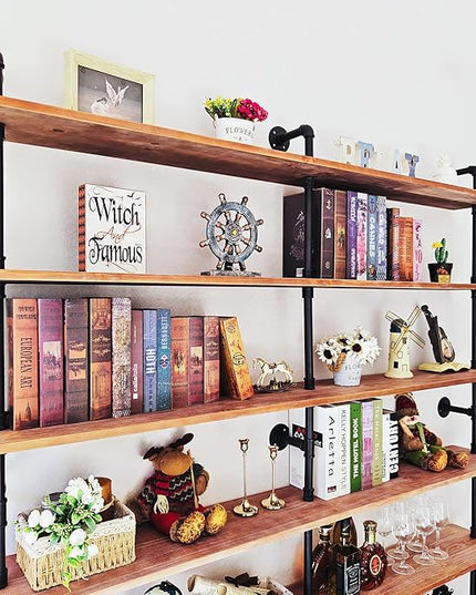 Industrial Ladder Shelf Bookcase, Wall Mounted Rustic Bookshelf, Retro Wood Metal Pipe Industrial Shelves for Living Room(Weathered Brown, 6 Tier - 10" D x 70" W x 82.5" H) - LeafyLoom