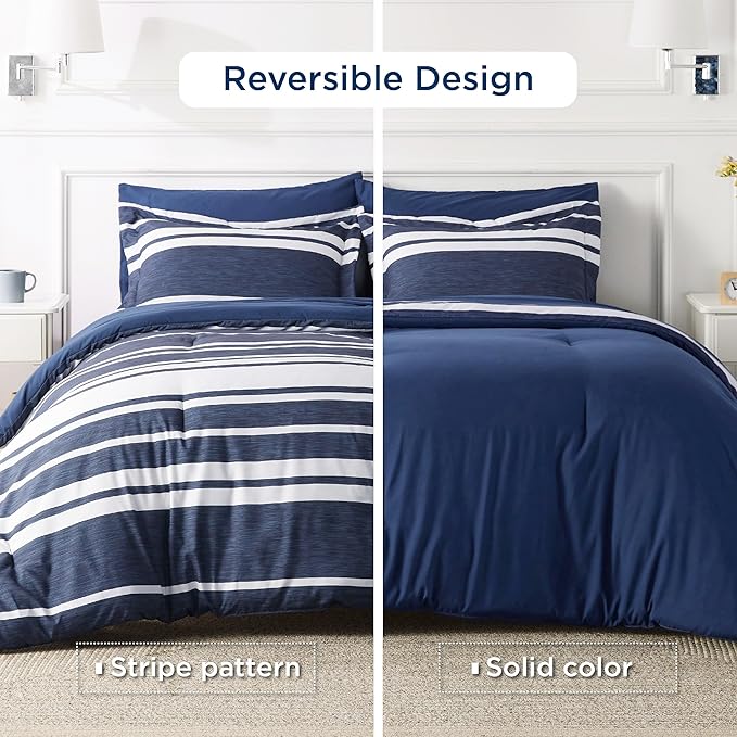 Bedsure Bed in a Bag Queen 7 Pieces - Navy & White Striped Comforter Set Queen All Season Bed Set, Bed Set Queen Size with 1 Comforter, 1 Flat Sheet, 1 Fitted Sheet, 2 Pillowcases & 2 Shams - LeafyLoom