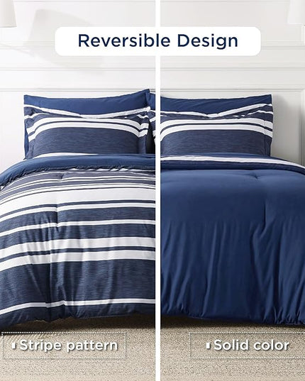 Bedsure Bed in a Bag King Size 7 Pieces, Navy White Striped Bedding Comforter Sets All Season Bed Set, 2 Pillow Shams, Flat Sheet, Fitted Sheet and 2 Pillowcases - LeafyLoom
