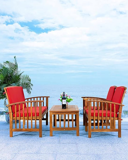 SAFAVIEH Outdoor Collection Rocklin Natural/ Red Cushion 4-Piece Conversation Patio Set - LeafyLoom