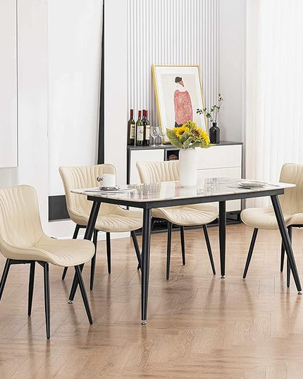 YOUTASTE Dining Chairs Set of 2 Upholstered Mid Century Modern Kitchen Dining Room Chairs Armless Faux Leather Accent Chairs Metal Vanity Lounge Chair with Back for Living Room Bedrooms,Beige - LeafyLoom